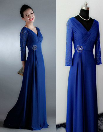 Elegant V-neck Chiffon Mother Dresses with 3/4 Length Lace Sleeves and Ruched Bodice