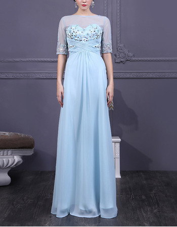 Glamorous Beaded Appliques Illusion Tulle Neckline Floor Length Chiffon Mother Dresses with Half Sleeves