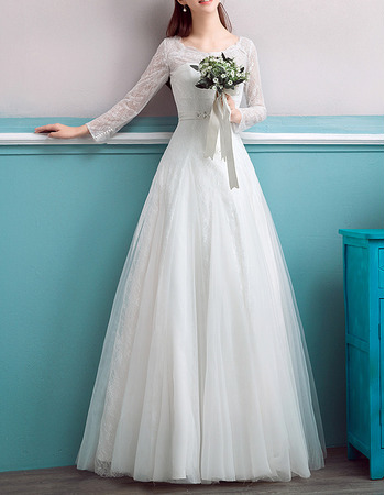 Exquisite Illusion Round Neckline Lace Tull Wedding Dresses with Long Sleeves