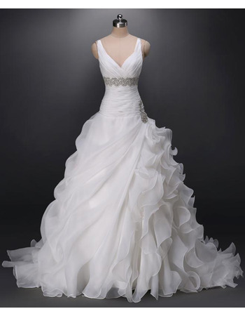 Gorgeous Beaded Crystal Mermaid Organza Wedding Dresses with Side Layered Skirt