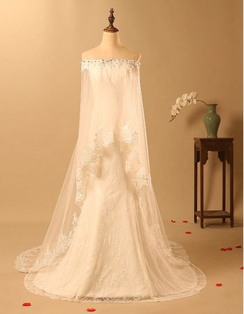 Romantic Beaded Off-the-shoulder Lace Wedding Dress with Long Tulle Trim Capelet