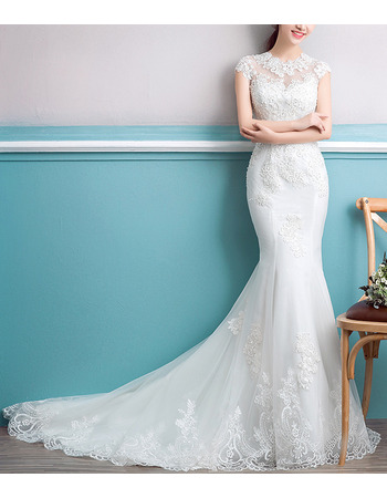 Elegance Mermaid Court Train Floral Appliques Tulle Wedding Dresses with Slight Cap Sleeves