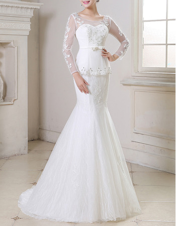 Dramatic Mermaid Sweep Train Lace Tulle Wedding Dresses with Long Sleeves
