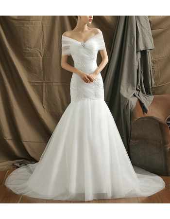Elegance Beading Appliques Off-The-Shoulder Mermaid Tulle Wedding Dresses with Wraps