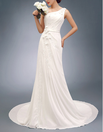 Tailored One Shoulder Sweep Train Lace Appliques Beach Chiffon Summer Wedding Dresses