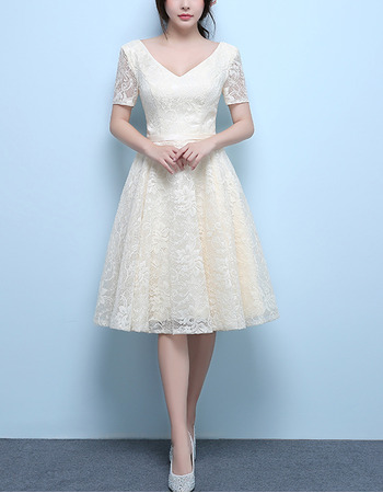 Simple V-Neck Knee Length Lace Wedding Dresses with Short Sleeves