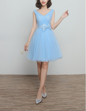 Affordable V-Neck Knee Length Pleated Light Sky Blue Tulle Bridesmaid Dresses with Bowknot