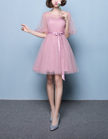 Simple Short Satin Tulle Pleated Bridesmaid Dresses with Short Illusion Sleeves