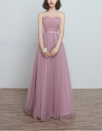 Modest Strapless Sweetheart Full Length Tulle Bridesmaid Dresses with Satin Waistband