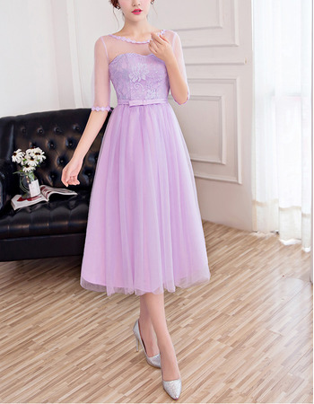Inexpensive Ultra-feminine Tea Length Lace Tulle Bridesmaid Dresses with Half Sleeves