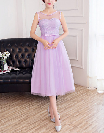 Discount A-Line Illusion Neckline Sleeveless Tea Length Lace Tulle Satin Bridesmaid Dresses