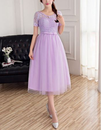 Discount A-Line Tea Length Lace Tulle Bridesmaid Dresses with Short Sleeves