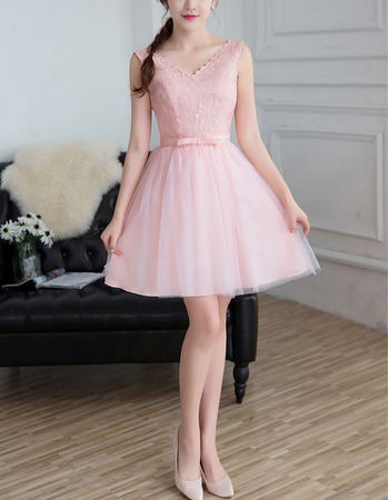 Affordable Simple V-Neck Sleeveless Mini/ Short Lace Tulle Bridesmaid Dresses