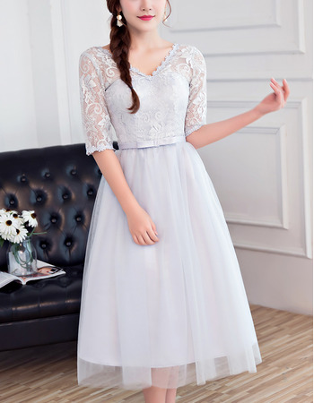 Ultra-feminine Illusion Neckline Tea Length Lace Tulle Bridesmaid Dresses with Half Sleeves