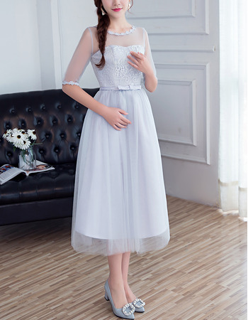 Inexpensive Illusion Neckline Tea Length Lace Tulle Grey Bridesmaid Dresses with Half Sleeves