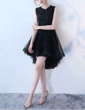 Discount Affordable Sleeveless High-Low Asymmetrical Hem Lace Tulle Black Cocktail Party Dresses