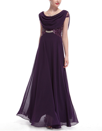 Elegantly Cowl Neck Floor Length Chiffon Evening Dresses with Sequined Lace Bodice