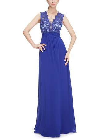 Sexy Deep V-Neck Chiffon Evening Dresses with Applique Bodice and Illusion Back