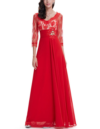 Inexpensive Simple Long Lace REd Chiffon Formal Evening Dresses with 3/4 Long Sleeves