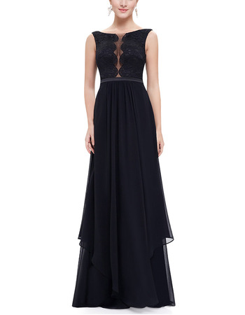 Sexy A-Line Black Chiffon Prom Evening Dresses with Lace Bodice and Tiered Skirt