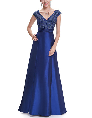Dramatic A-Line V-Neck Full Length Taffeta Evening Dresses with Shimmering Sequined Bodice