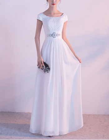 Ethereal Crystal Beading Bateau Neckline Full Length White Chiffon Evening Dresses with Slight Cap Sleeves