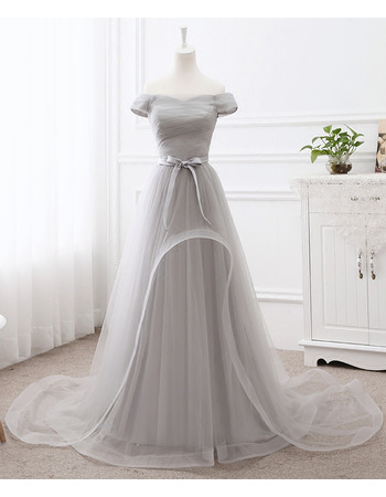 Inexpensive Off-the-shoulder Floor-Length Organza Tulle Ruched Evening Dress with Sash