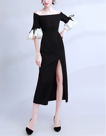 Ultra-feminine Off-the-shoulder Tea Length Color Block Prom Evening Dress with Half Bell Sleeves and Side Slit