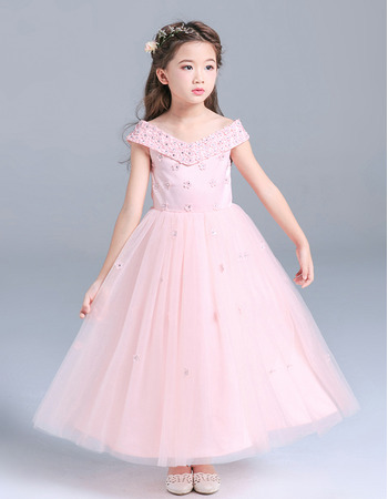Princess Gorgeous Beaded V-Neck Satin Tulle Tea Length Flower Girl/ Little Girls Party Dresses