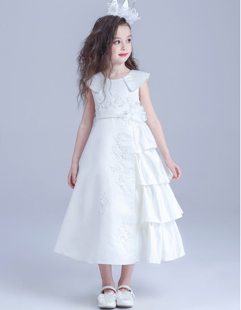Unique Lovely Tea Length Beaded Applique Satin Flower Girl/ Side Tiered First Communion Dress