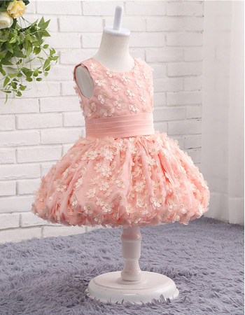 Pretty Baby Girl Sleeveless Knee Length Flower Girl Dresses with Allover Appliques and Pleated Waist