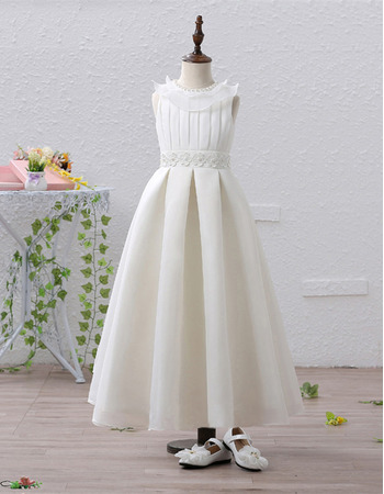 Affordable Beaded Neck Tea Length Satin Flower Girl / First Communion Dresses with Pleated Bust and Skirt