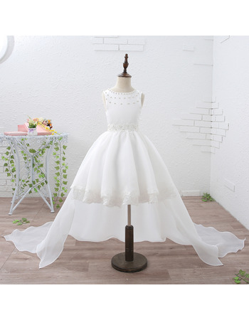 Classy Perfect Ball Gown Beaded Neck Organza Short Flower Girl Dresses with Detachable Train and Appliques