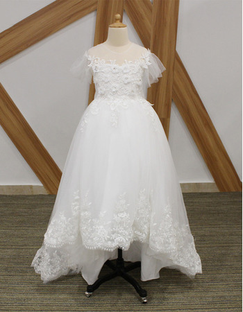 Perfect Kids Princess Illusion Neckline High-Low Appliques Tulle Flower Girl/ Communion Dresses with Short Sleeves