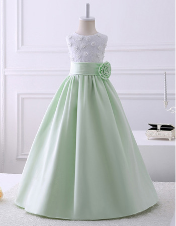 Lovely Affordable Kids Princess A-Line Sleeveless Full Length Satin Lace Flower Girl Dresses with Hand-made Flowers