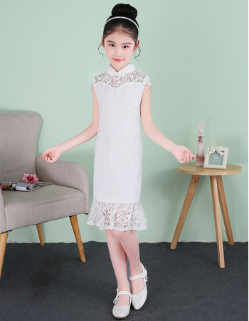 Kids Simple Column Mandarin Collar Short Lace Flower Girl Dresses with Cap Sleeves and Crystal Detailing