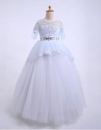 Beautiful Ball Gown Illusion Neckline Full Length Beaded Appliques Tulle Flower Girl Dresses with Half Sleeves