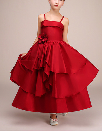 Perfect Spaghetti Straps Ankle Length Red Satin Layered Skirt Little Girls Pageant Dresses