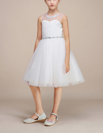 Simple A-Line Illusion Jewel Neck Knee Length Satin Tulle Flower Girl Dresses with crystal Beadings