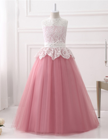 Beautiful Ball Gown Sleeveless Floor Length Lace Tulle Flower Girl Dresses with Open Back