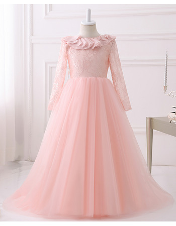 Pretty Ruffled Neck V-back Long Length Lace Tulle Flower Girl Pageant Dresses with Long Sleeves and Hand-made Flowers