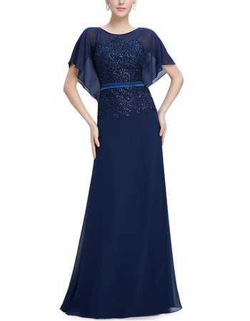 Fashionable Beaded Appliques Full Length Chiffon Mother of The Bride Dresses with Flutter Sleeves & Keyhole Back