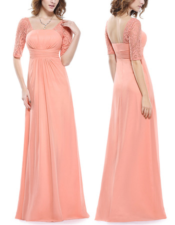 Stunning Square Neck Full Length Ruching Chiffon Mother of The Bride Dresses with Half Lace Sleeves