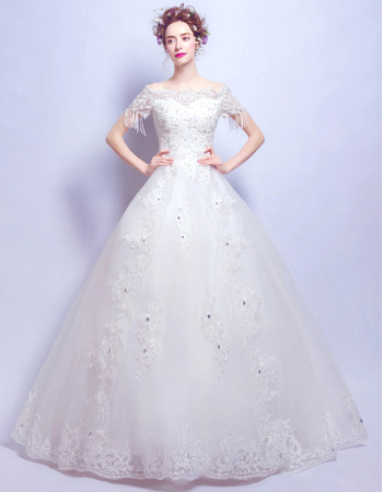 Gorgeous Crystal Beading Appliques Tulle Wedding Dresses with Short Sleeves and Back Bows