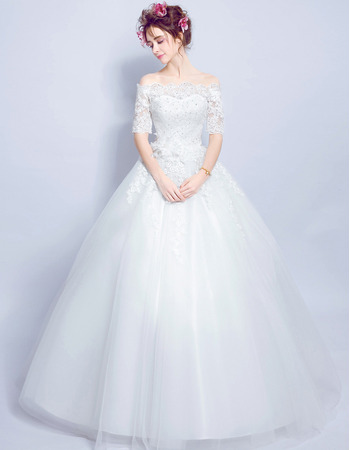 Junoesque Romantic Ball Gown Off-the-shoulder Long Wedding Dresses with Half Sleeves and Beaded Appliques