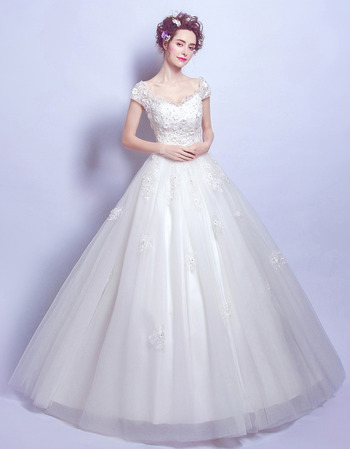 Glamorous Elegance Off-the-shoulder Floor Length Wedding Dresses with Cap Sleeves and Beaded Appliques