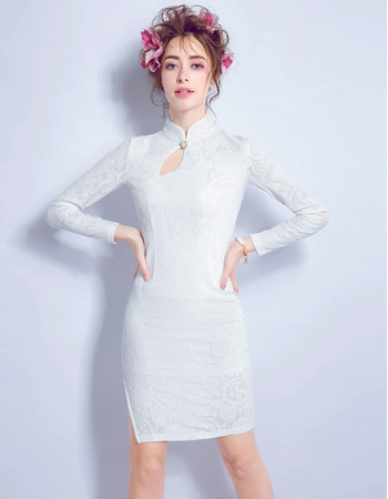 Simple Chinese style Keyhole Modern Mini Lace Short Petite Lace Wedding Dresses with Long Sleeves