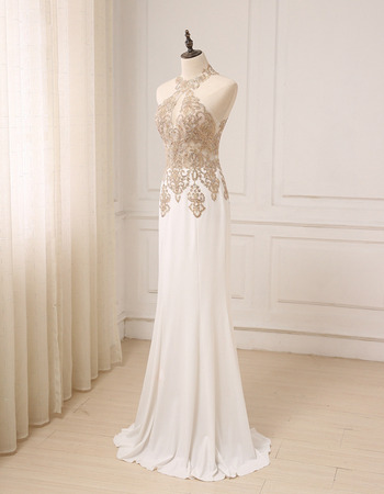 Affordable Sheath Halter Floor Length Chiffon Embroidery Prom Evening Dress