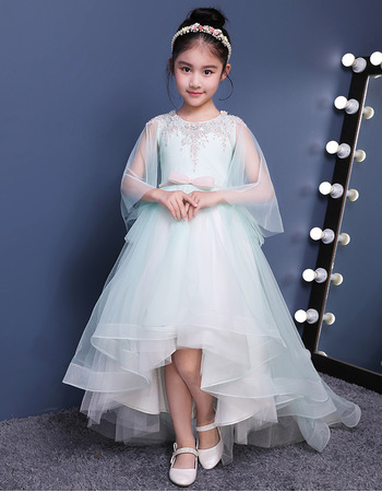 Fashionable Inexpensive High-Low Sweep Train Asymmetrical Hem Flower Girl Dresses with Delicate Illusion Sleeves