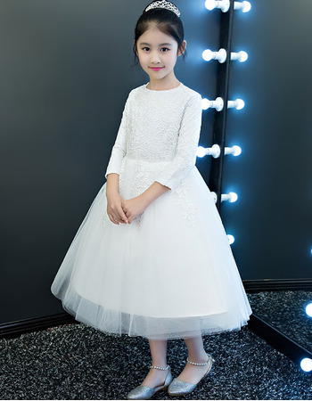 Pretty A-Line Bateau Neck Tea Length Lace Tulle Flower Girl Dresses with 3/4 Length Sleeves